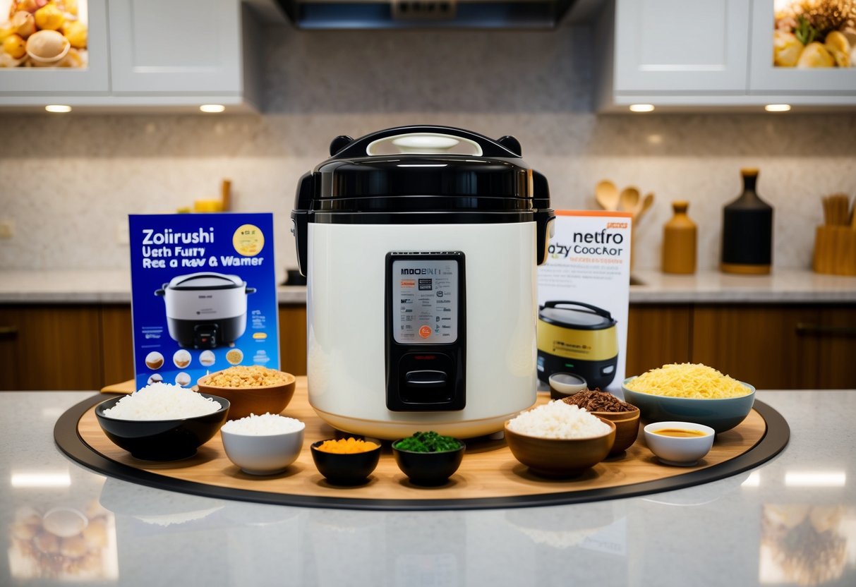 A modern kitchen counter with a Zojirushi Neuro Fuzzy Rice Cooker & Warmer surrounded by various types of rice and promotional banners