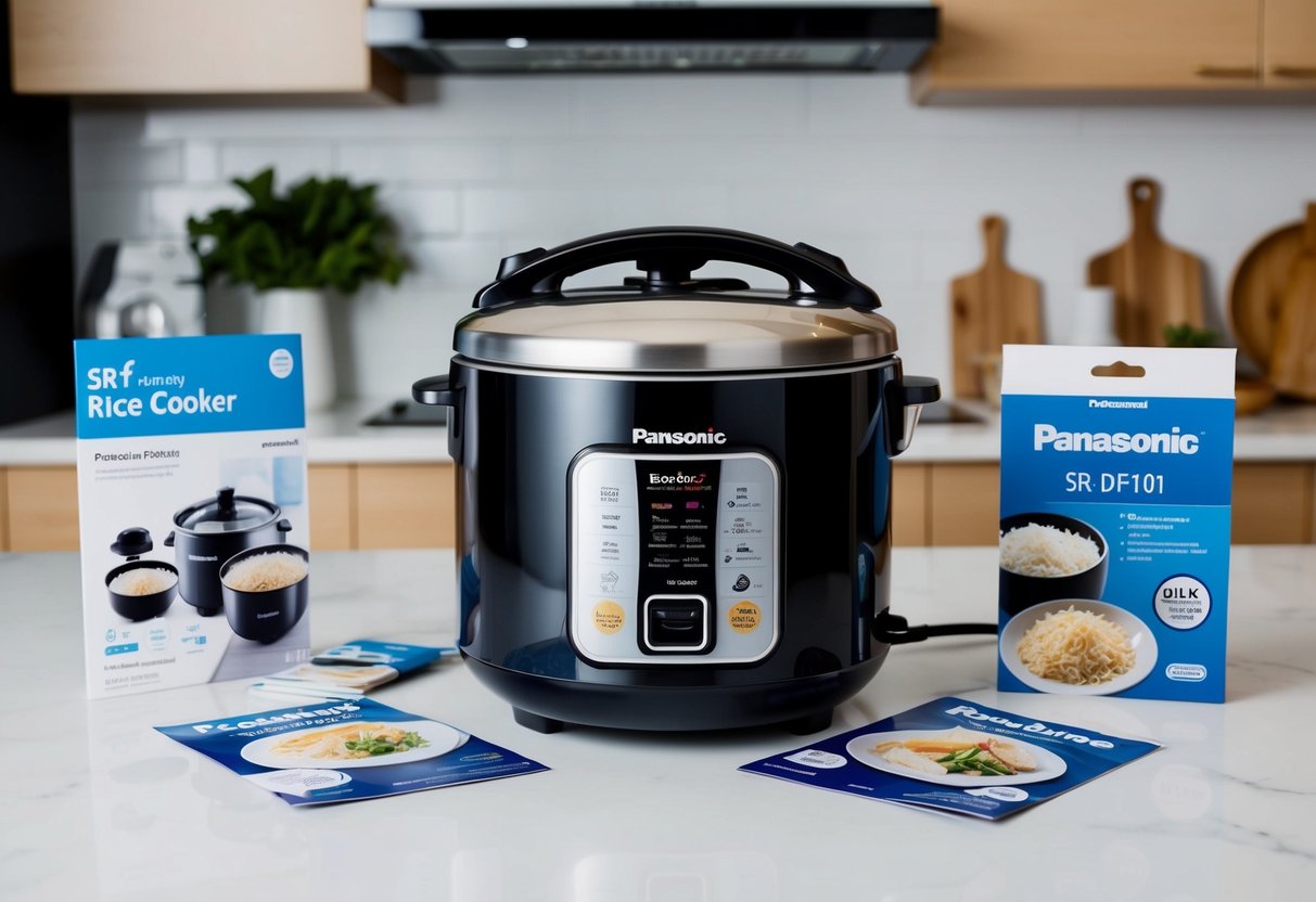 A modern kitchen with a Panasonic SR-DF101 Rice Cooker Steamer surrounded by promotional materials