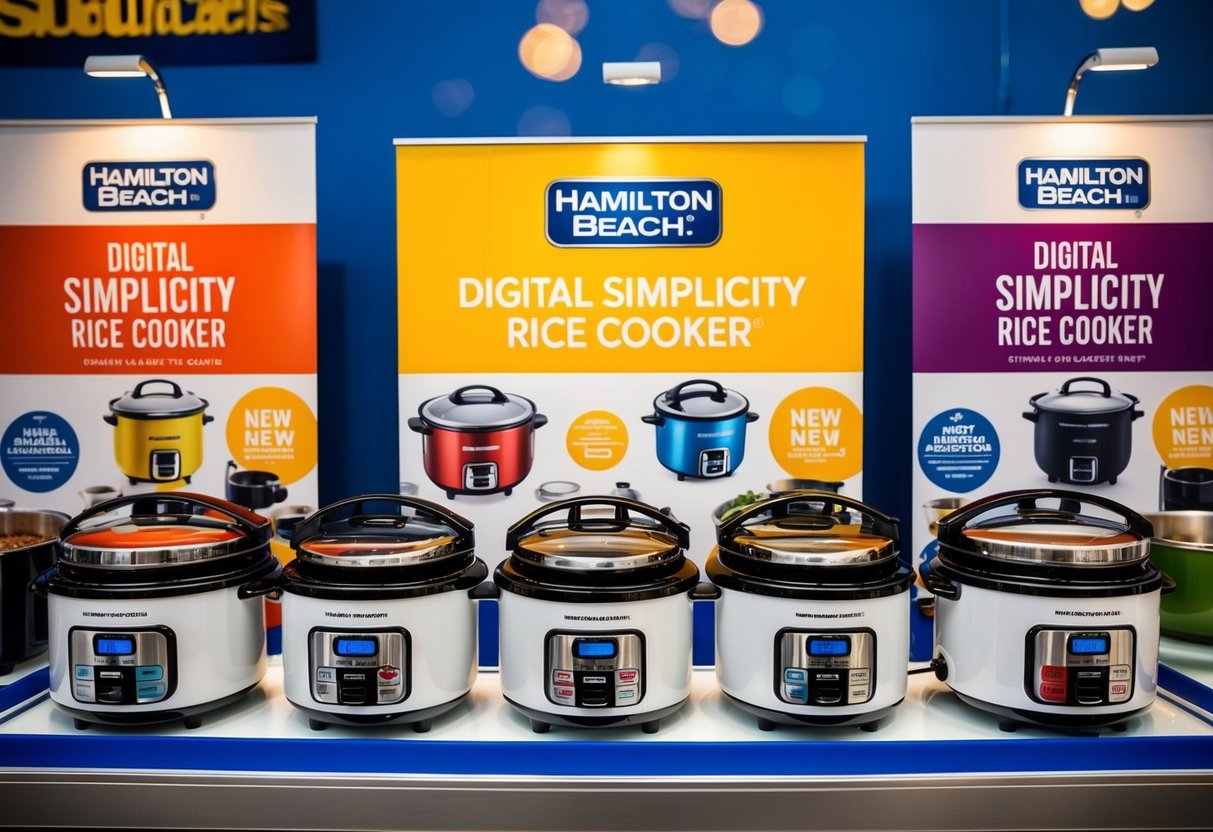 A colorful display of Hamilton Beach Digital Simplicity Rice Cookers with promotional signage