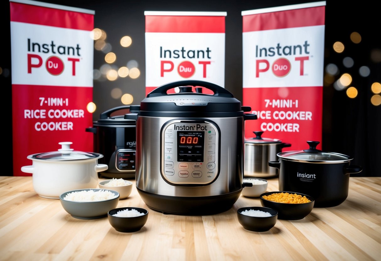 An Instant Pot Duo Mini 7-in-1 Electric Cooker surrounded by promotional banners and rice cooker accessories