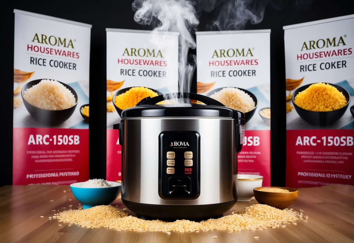 Steam rising from a sleek Aroma Housewares ARC-150SB Rice Cooker surrounded by promotional banners and rice grains