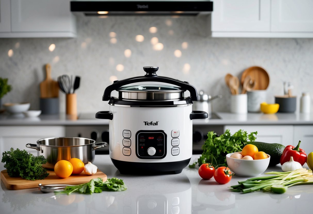A modern kitchen counter with the Tefal RK302E15 8-in-1 Multi Cooker prominently displayed, surrounded by various fresh ingredients and utensils