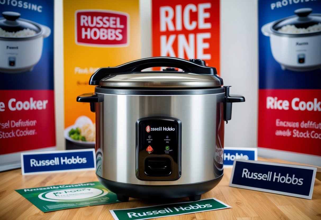 A medium-sized Russell Hobbs rice cooker surrounded by promotional banners and signs