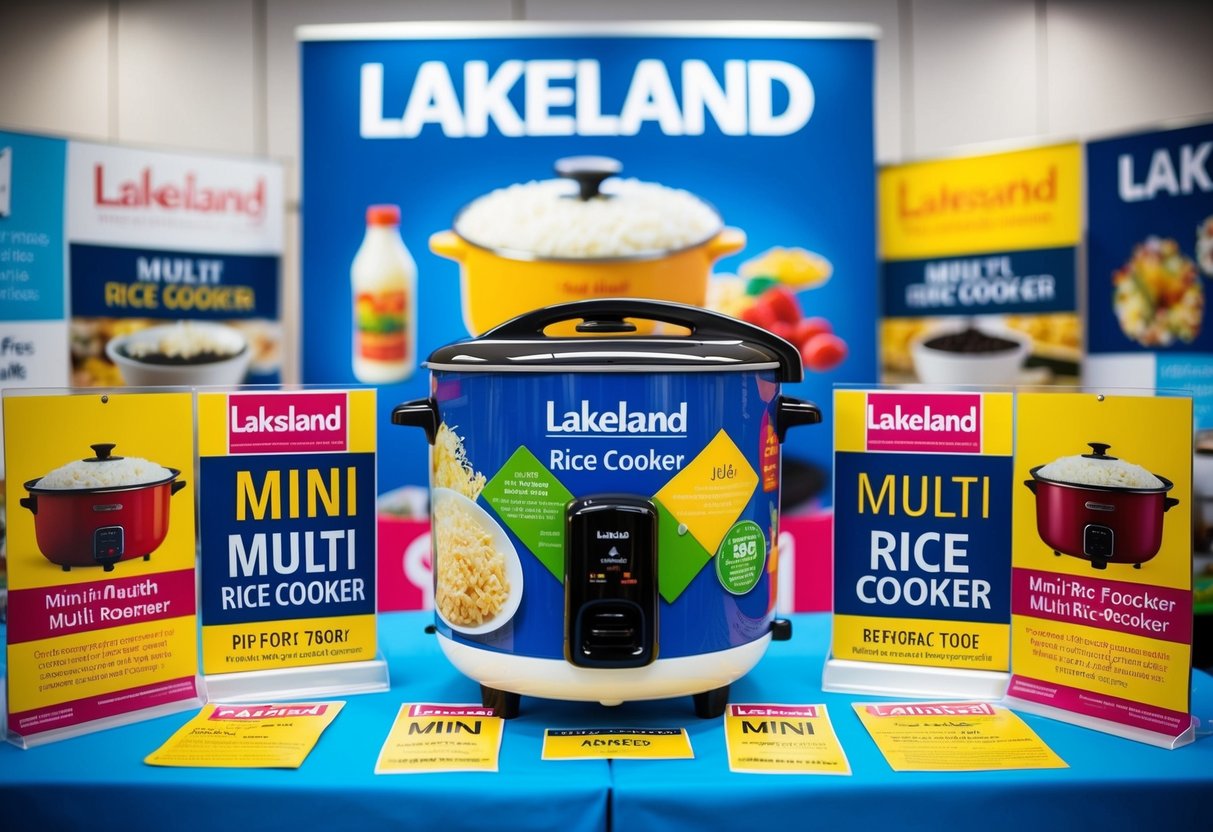A colorful display of Lakeland Mini Multi Rice Cooker surrounded by promotional signs and banners
