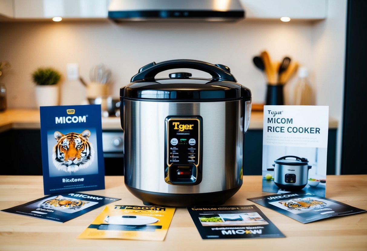 A modern kitchen with a sleek Tiger JAX-T10U-K Micom Rice Cooker surrounded by promotional materials