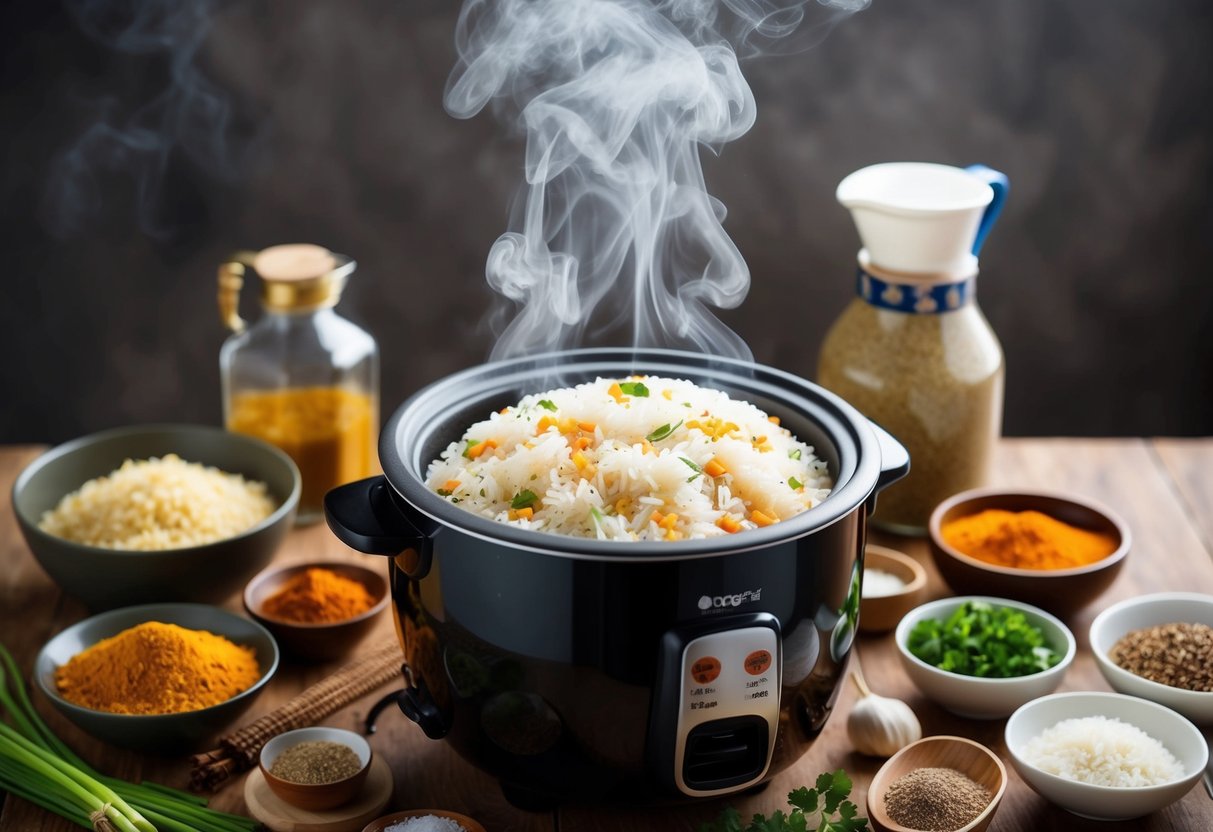 A rice cooker surrounded by various ingredients and spices, with steam rising from the freshly cooked rice inside