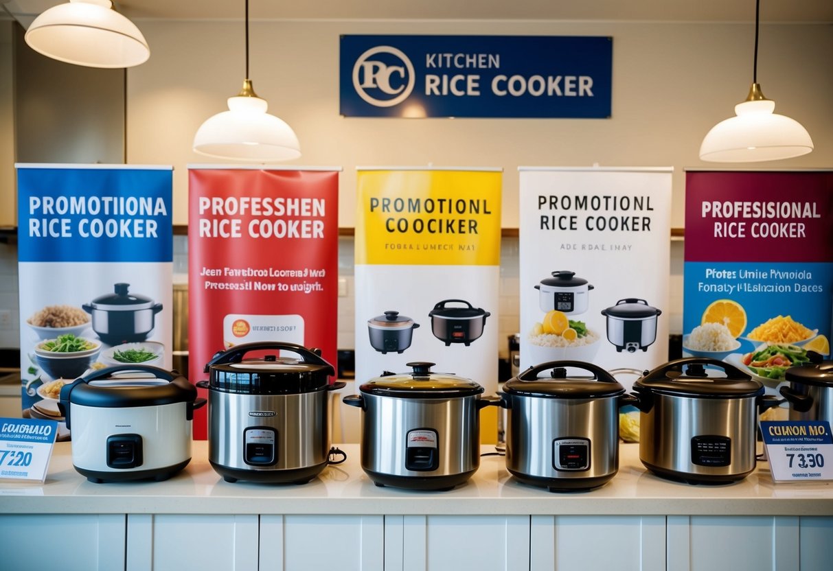 A kitchen counter with various rice cookers on display, surrounded by promotional signs and banners