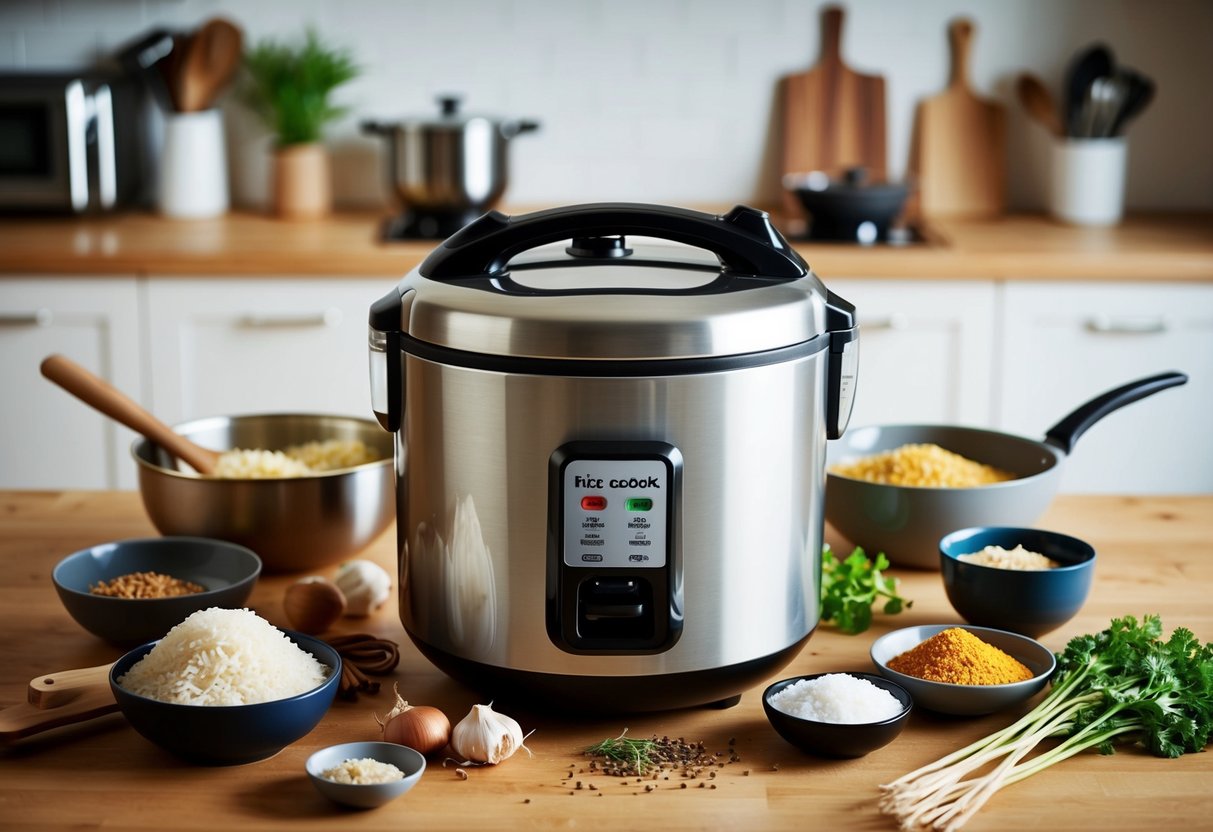 A rice cooker surrounded by various kitchen utensils and ingredients, with a prominent focus on the durable and long-lasting features of the product
