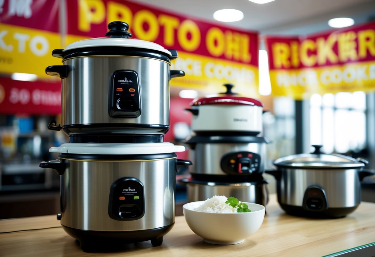 A stack of rice cookers with promotional banners above