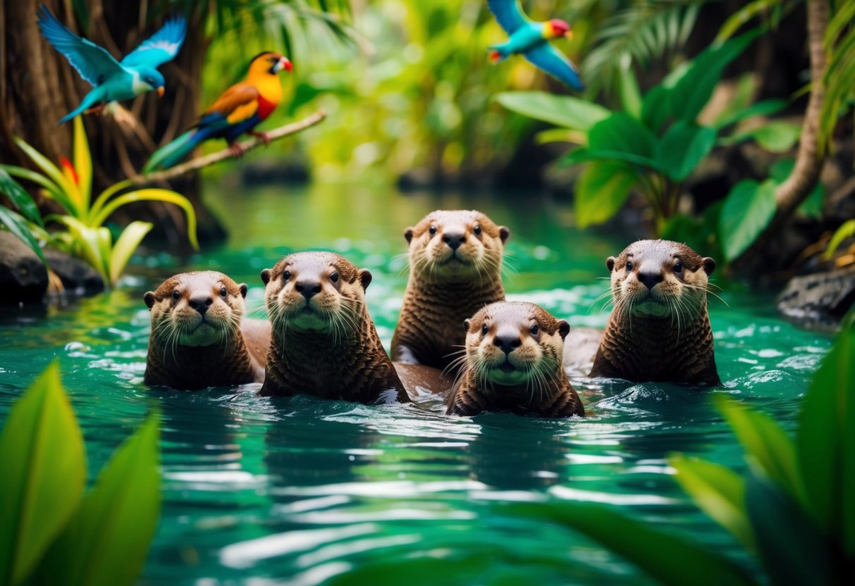 A family of otters playfully swim through a lush jungle river, surrounded by colorful birds and exotic plants