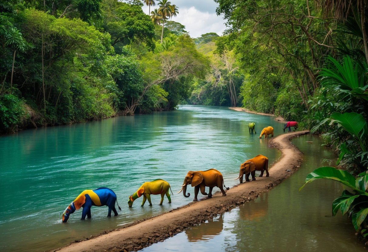 A serene river winding through lush jungle, with colorful exotic animals drinking and playing along the banks