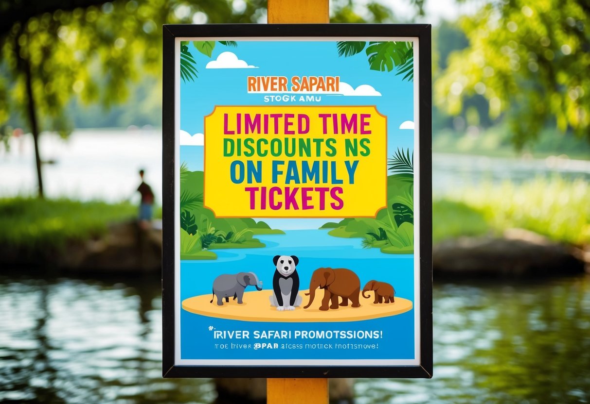 A colorful poster displaying river animals and "Limited Time Discounts on Family Tickets" for river safari promotions