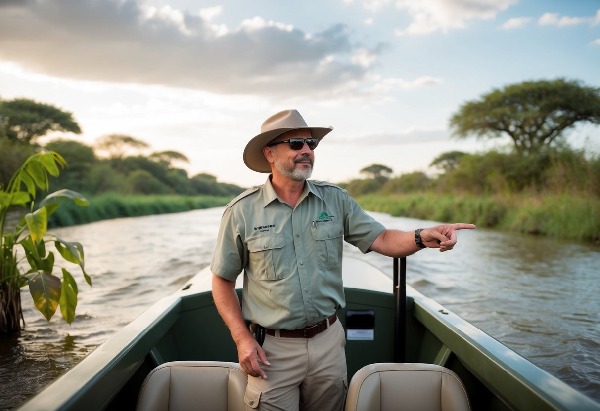 A wildlife expert leads a river safari, pointing out various animals and plants along the way