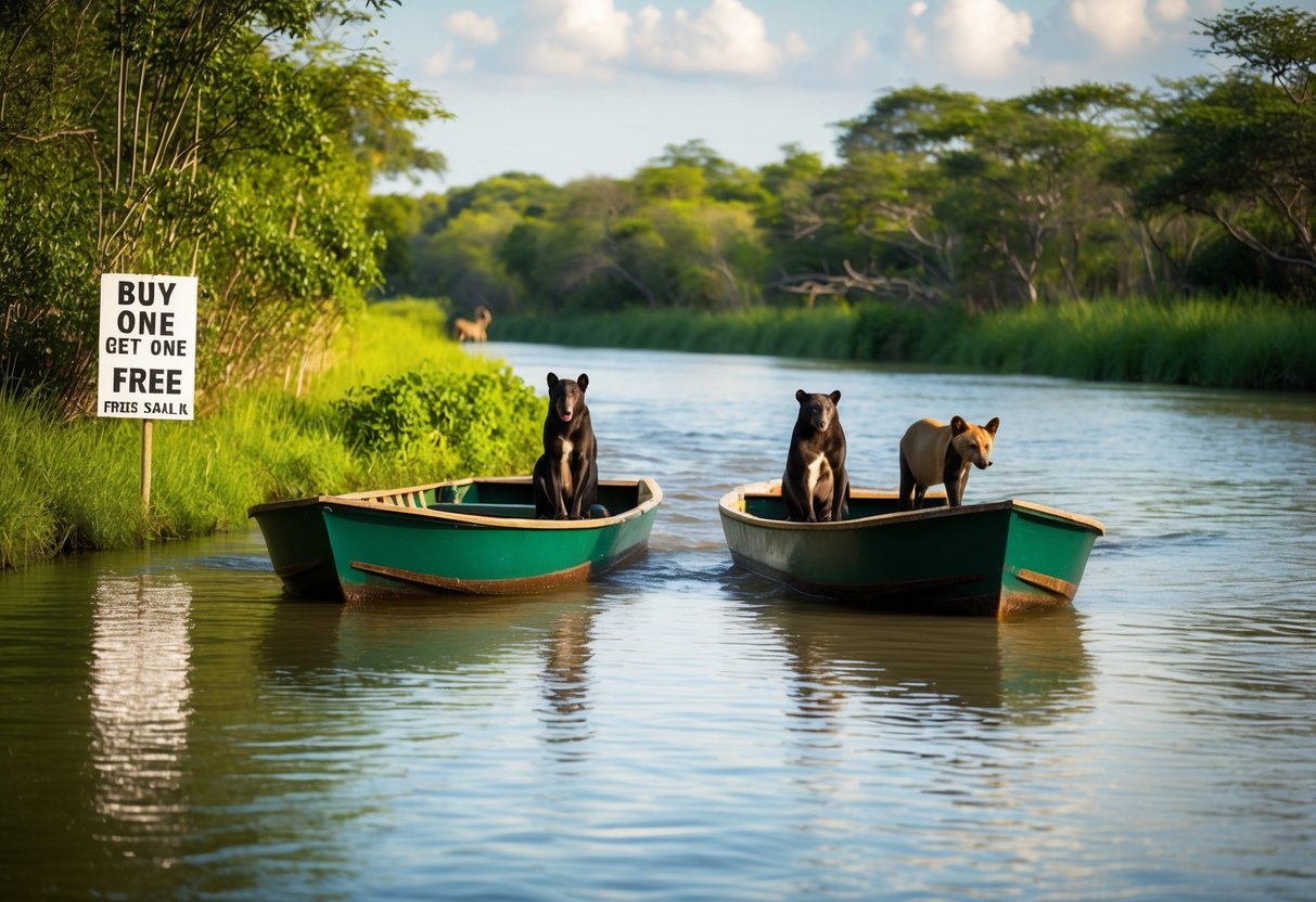 Two boats floating on a serene river, surrounded by lush greenery and exotic animals. A sign on the riverbank advertises a "Buy One Get One Free" promotion for the river safari