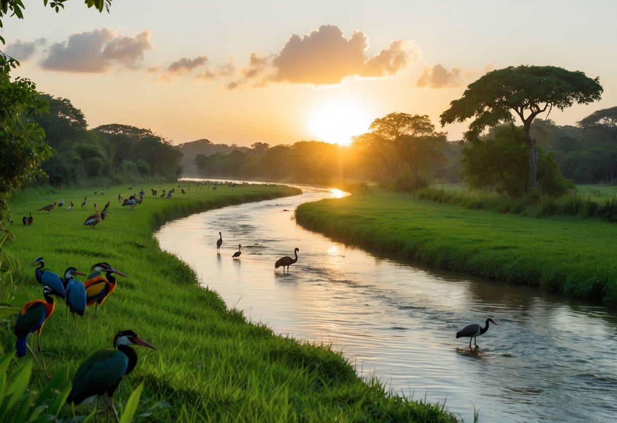 A tranquil river winding through lush greenery, with colorful birds and exotic animals visible along the banks. Sunrise illuminates the scene, creating a serene and inviting atmosphere for wildlife enthusiasts