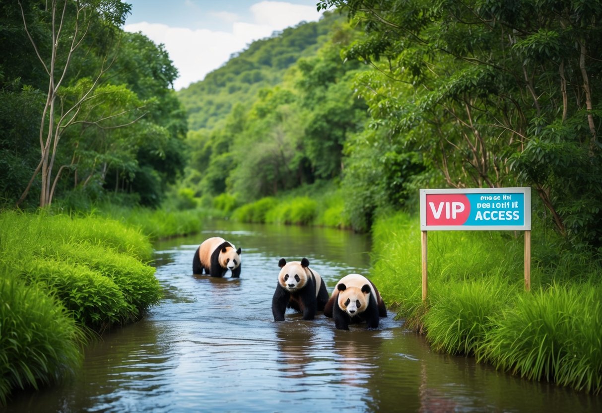 Lush greenery surrounds a tranquil river, where playful pandas frolic in their natural habitat. A sign advertises VIP access at a discounted price