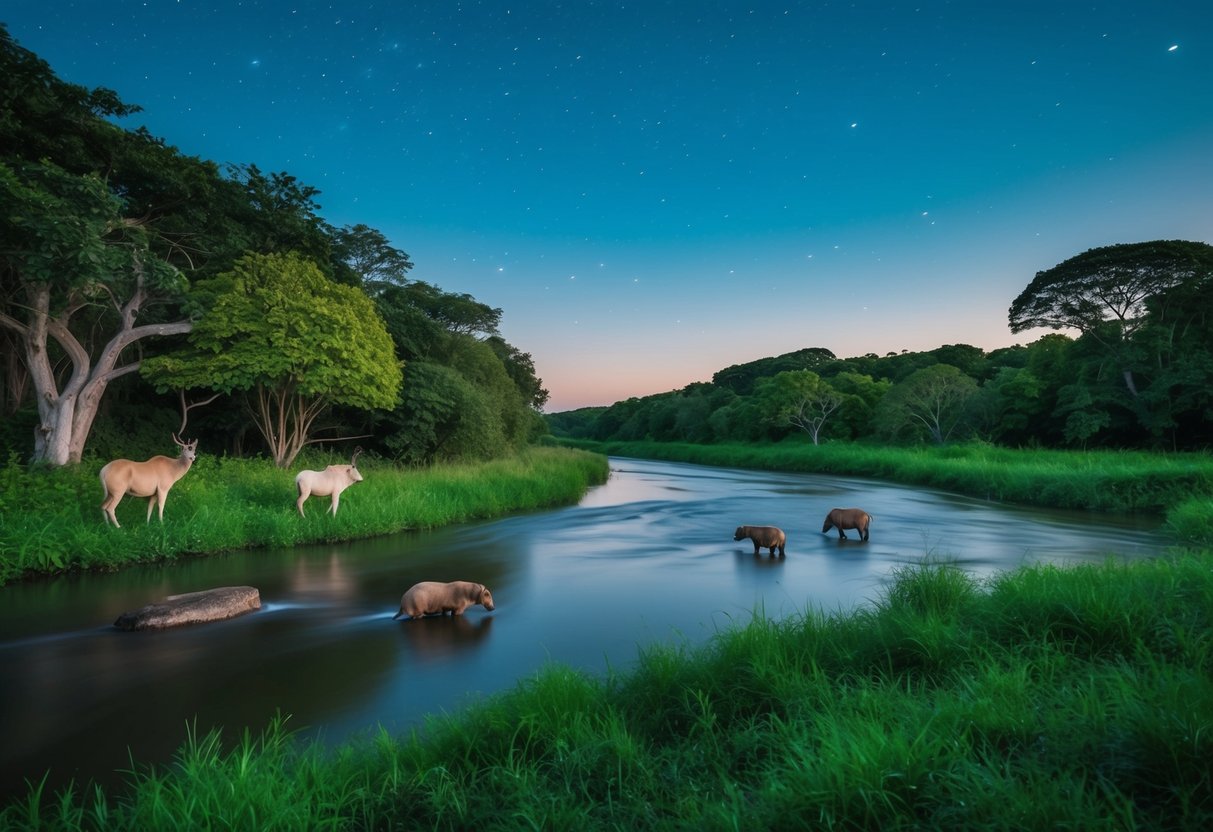 A tranquil river with lush greenery, exotic animals, and a clear night sky with twinkling stars