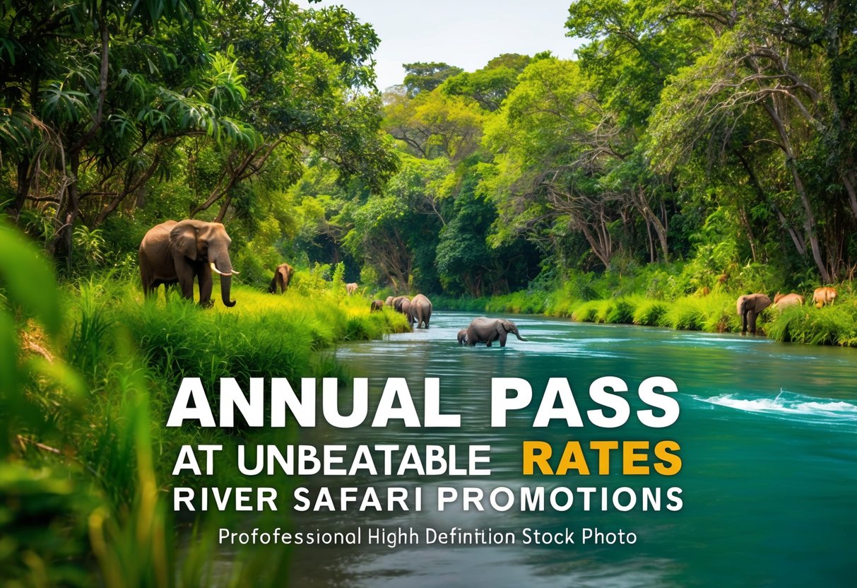 A vibrant river scene with animals and lush greenery, showcasing the Annual Pass at Unbeatable Rates river safari promotions