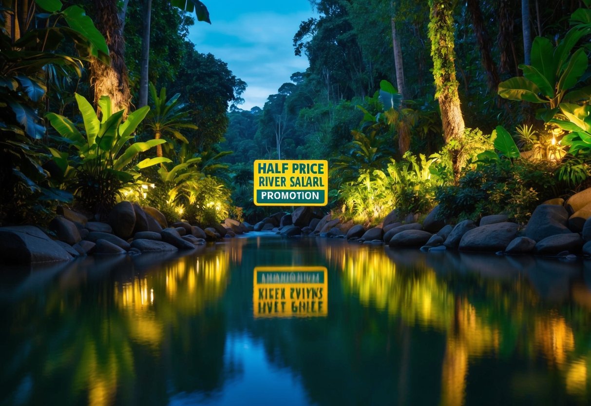 A vibrant rainforest setting with illuminated flora and fauna, reflecting the Half Price River Safari promotion