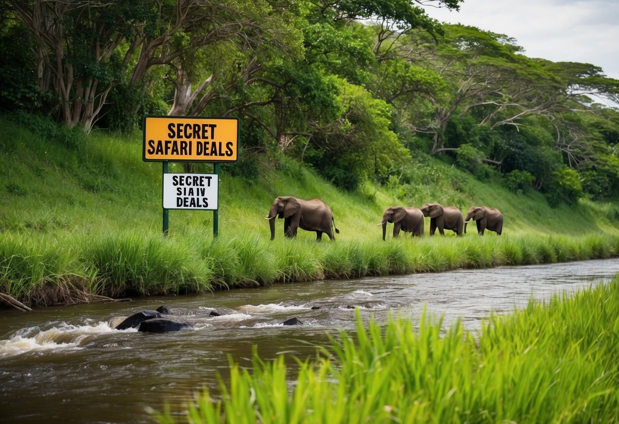 A lush riverbank with exotic animals, flowing water, and a sign promoting "Secret Safari Deals."
