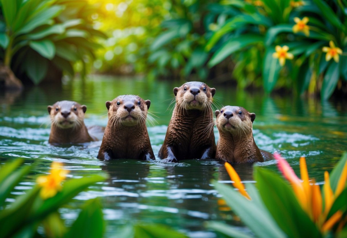 A family of otters playfully swimming in a lush river surrounded by vibrant green foliage and colorful tropical flowers