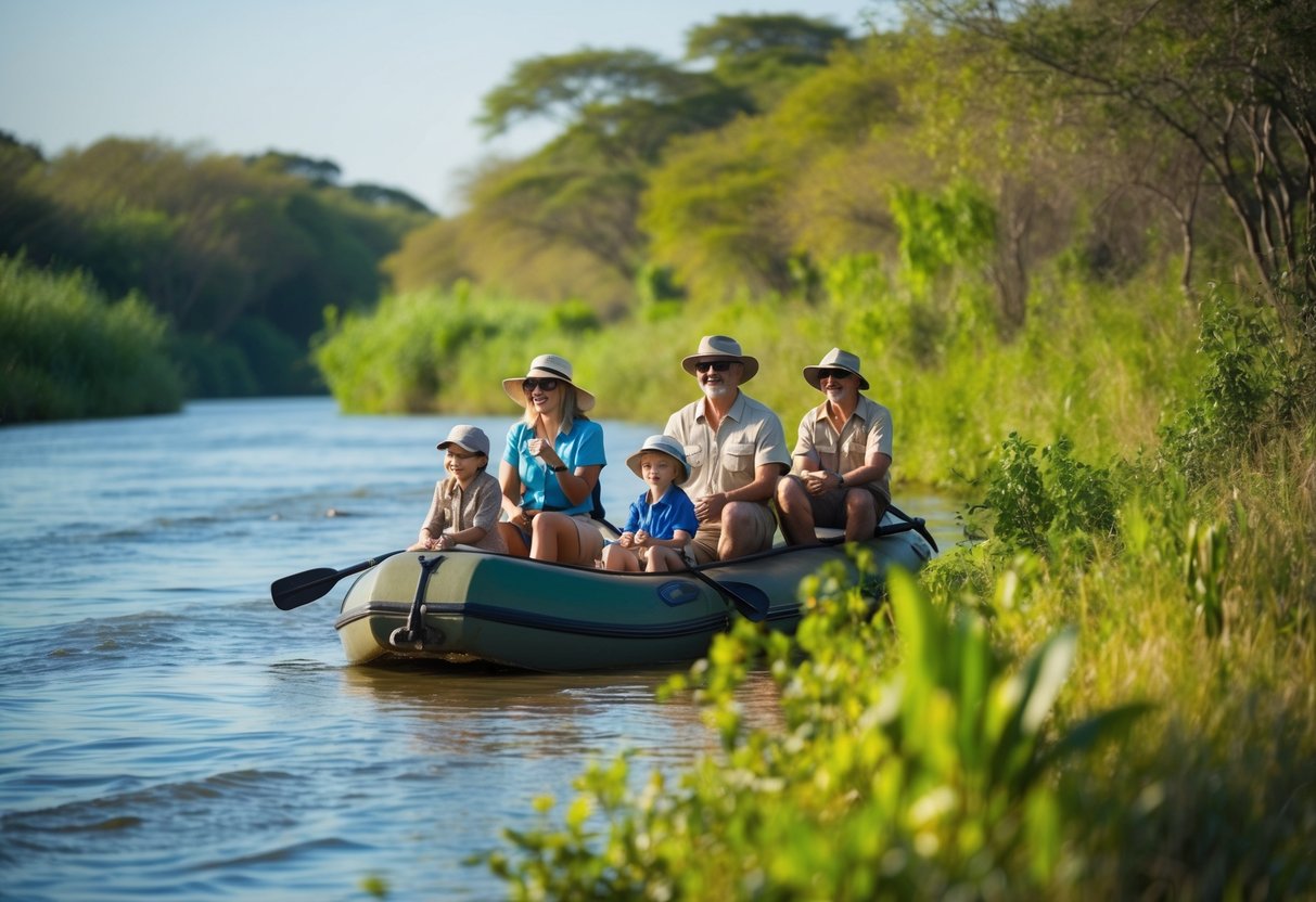 Families enjoying a river safari, observing diverse wildlife and lush vegetation along the water's edge
