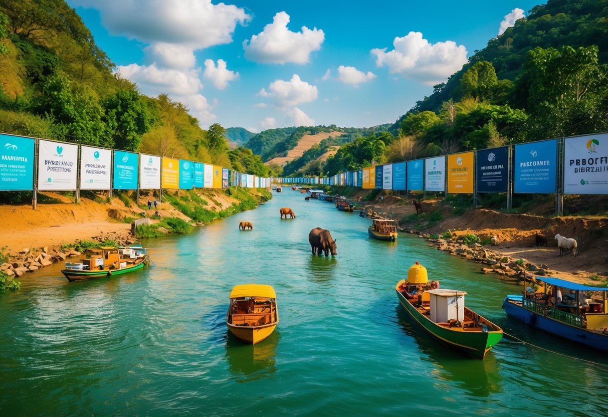 A vibrant river landscape with animals and boats, surrounded by promotional banners and signs