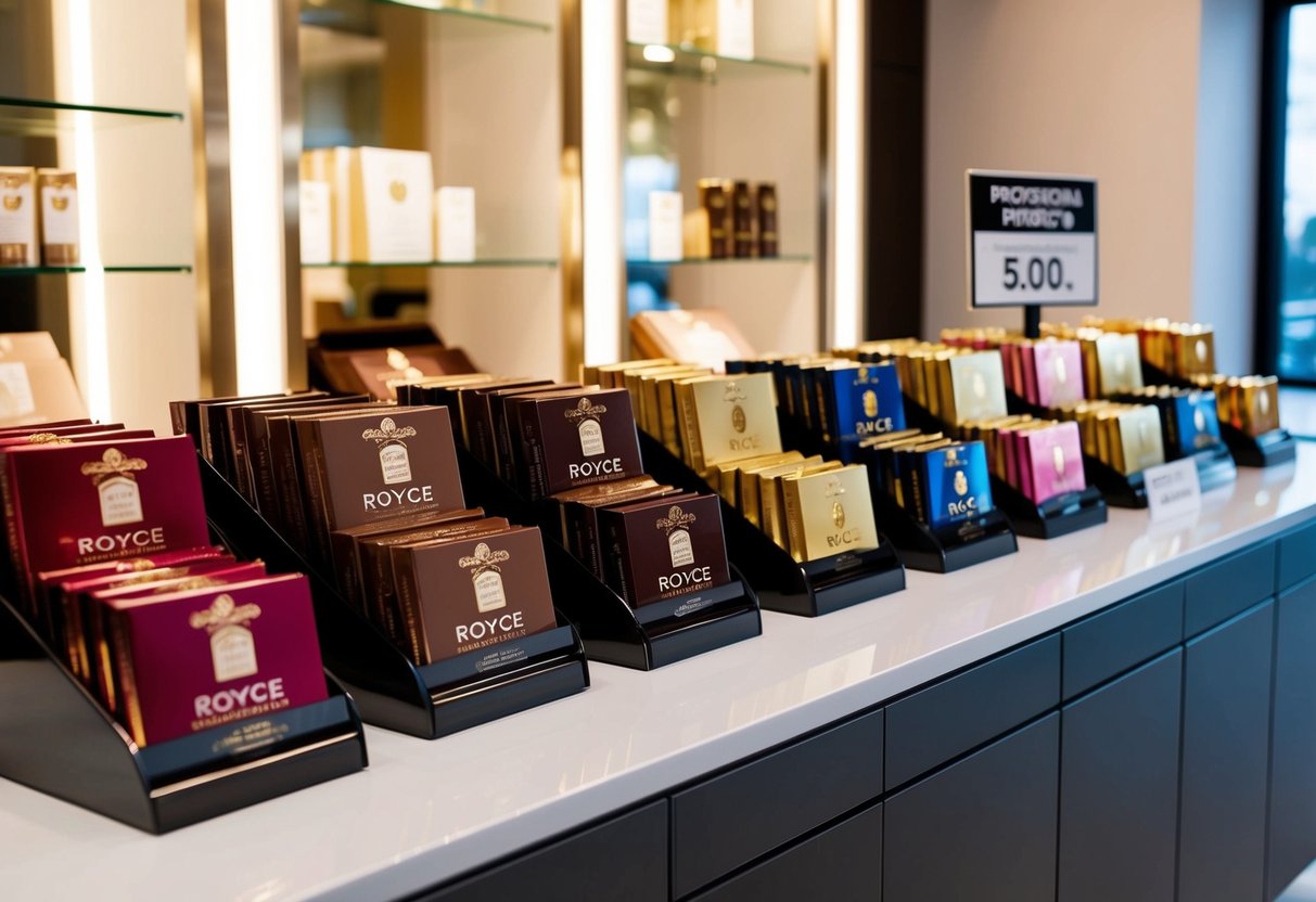 A display of assorted Royce chocolate products arranged on a sleek, modern counter with elegant packaging and a sign indicating promotions