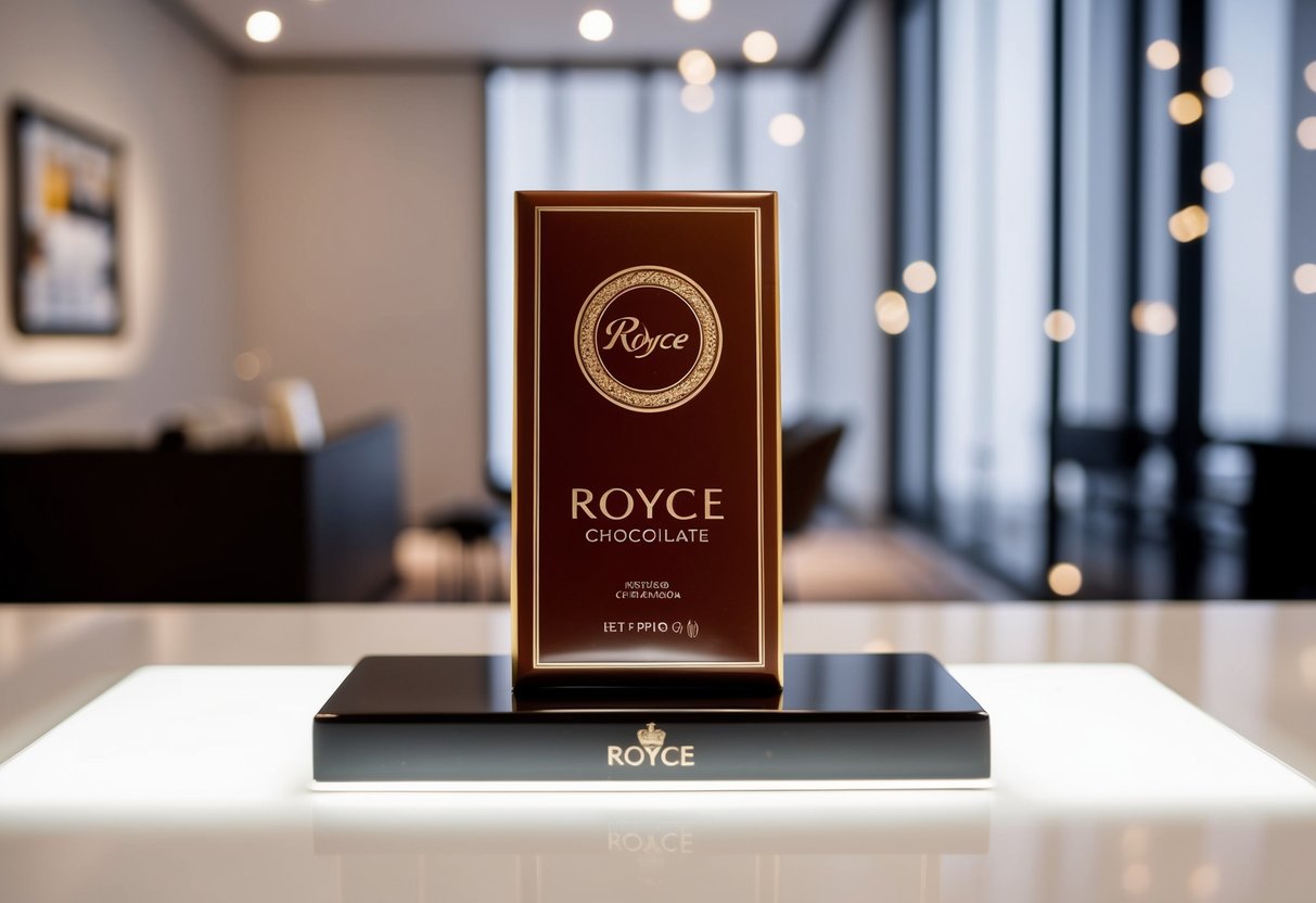 A luxurious Royce Chocolate Bar displayed with promotional signage in an upscale, minimalist setting