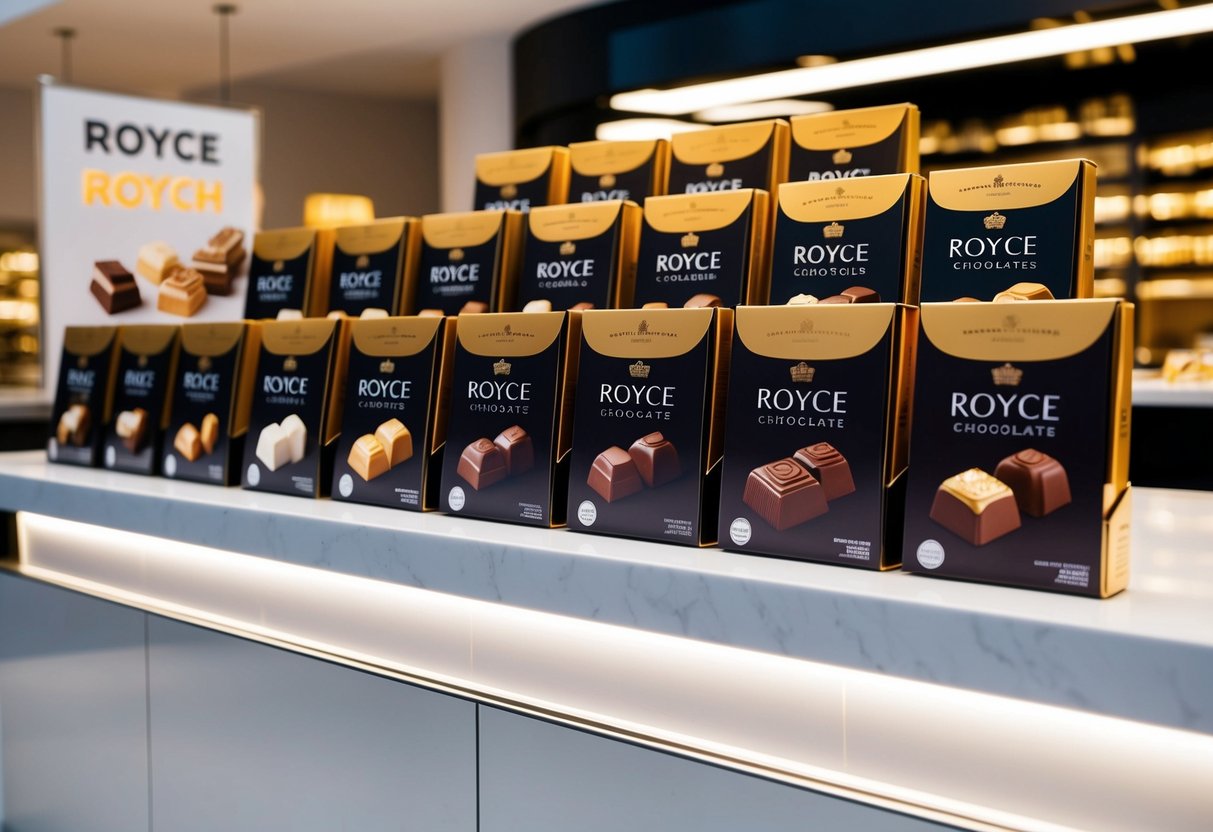 A display of Royce chocolates arranged on a sleek, modern counter with promotional signage and elegant packaging
