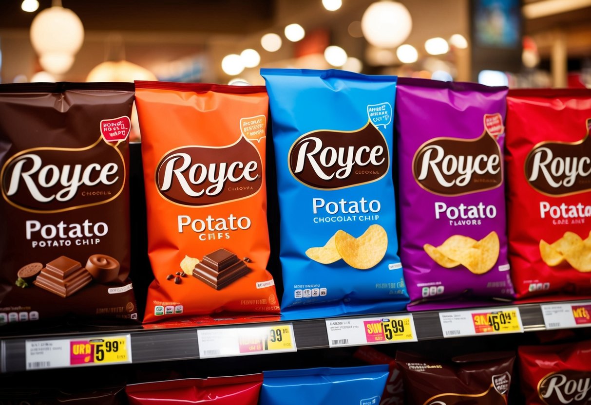 A display of Royce chocolate and potato chip flavors with discount signs