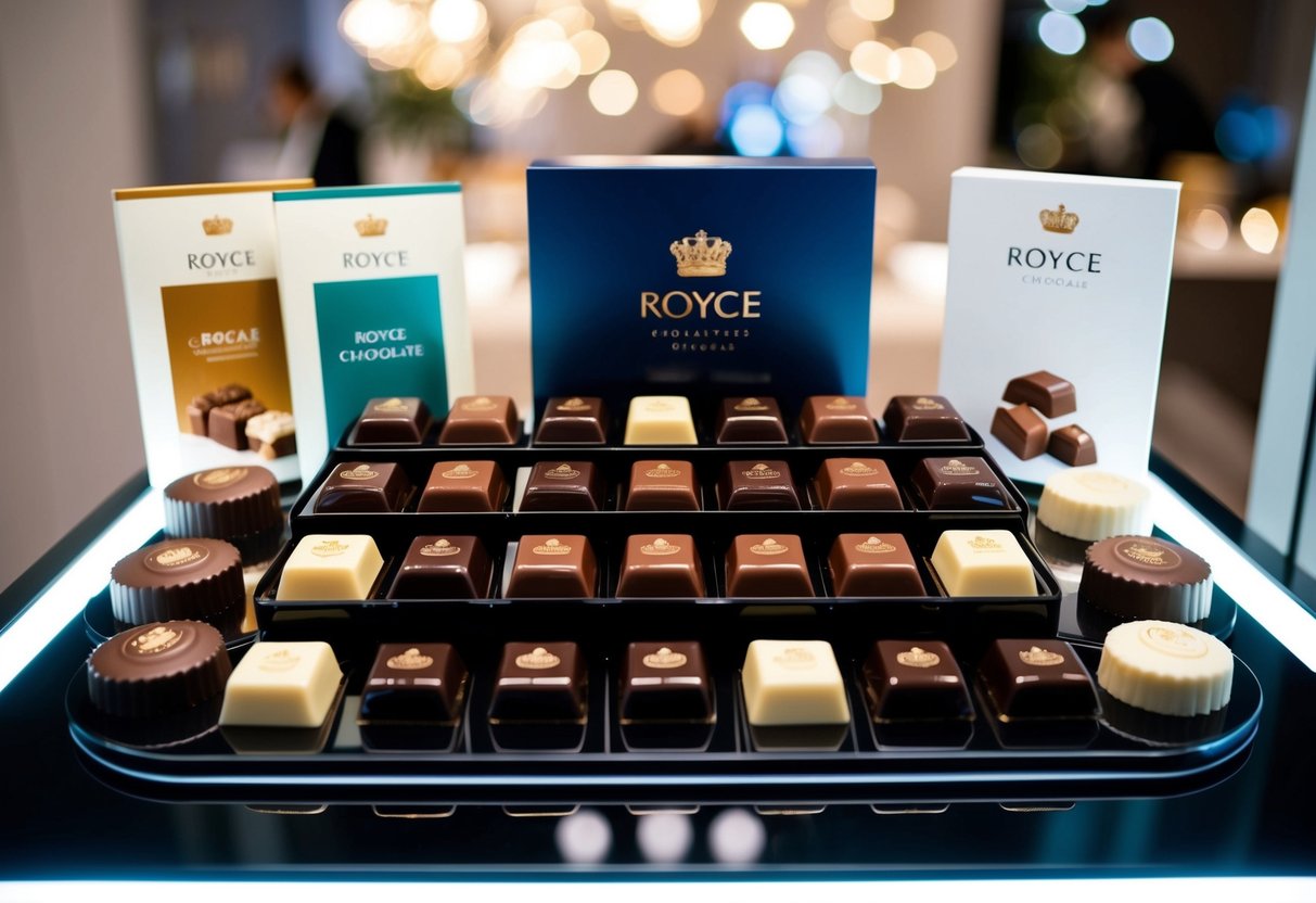 A luxurious assortment of Royce chocolates arranged on a sleek, modern display with elegant packaging and promotional signage