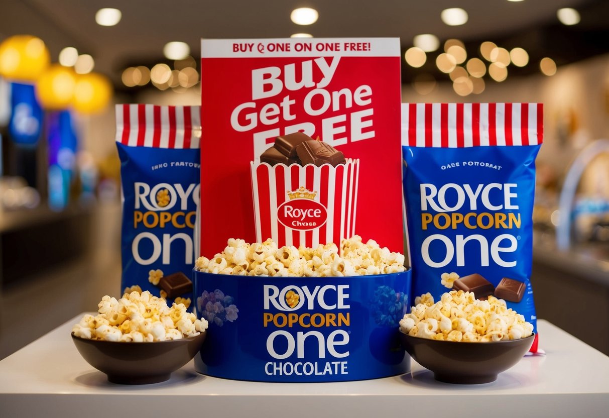 A display of Royce Popcorn Chocolate with a "Buy One Get One Free" promotion sign