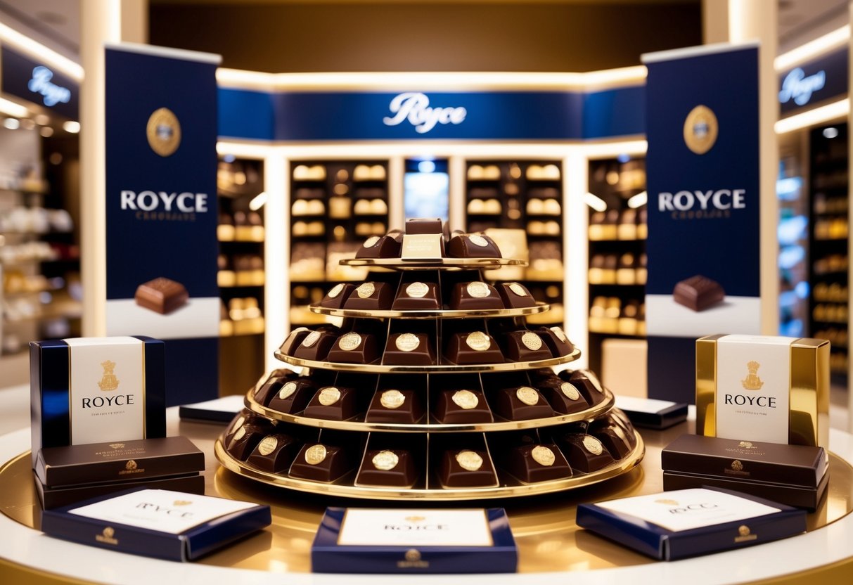 A luxurious display of Royce chocolates in a high-end store, surrounded by elegant packaging and promotional materials