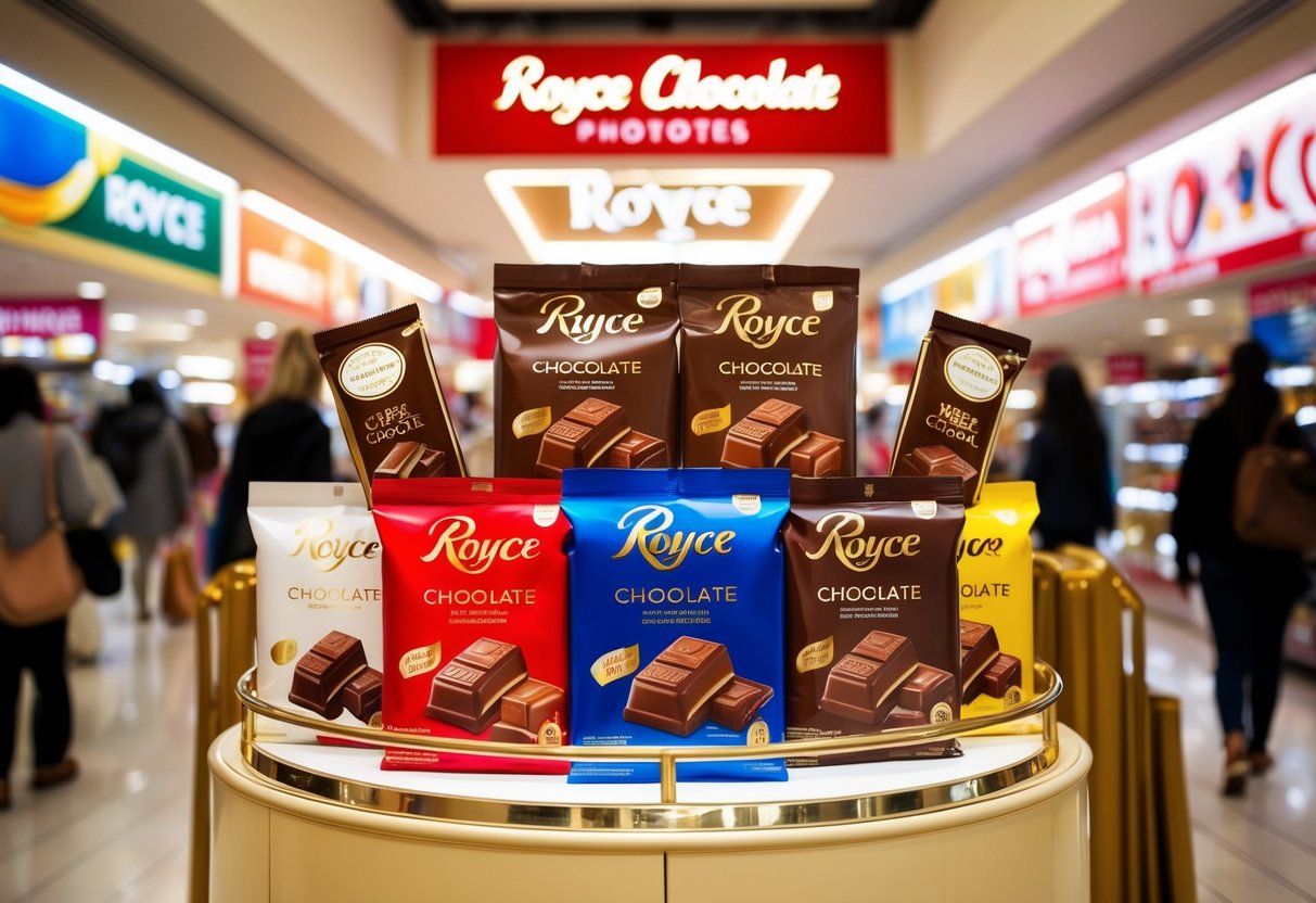 A display of Royce Chocolate products, surrounded by promotional banners and signs in a busy shopping mall
