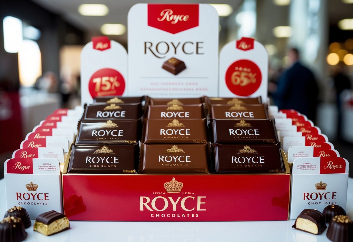 A display of Royce chocolates with promotional signs and banners