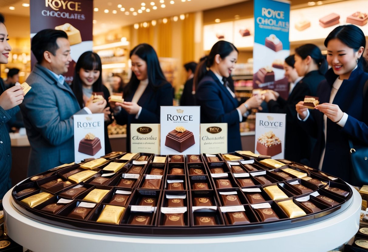 A display of Royce chocolates with promotional banners and signs, surrounded by eager customers sampling and purchasing the products