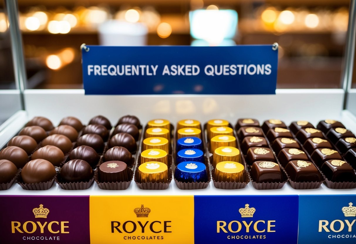 A display of assorted Royce chocolates with a "Frequently Asked Questions" banner