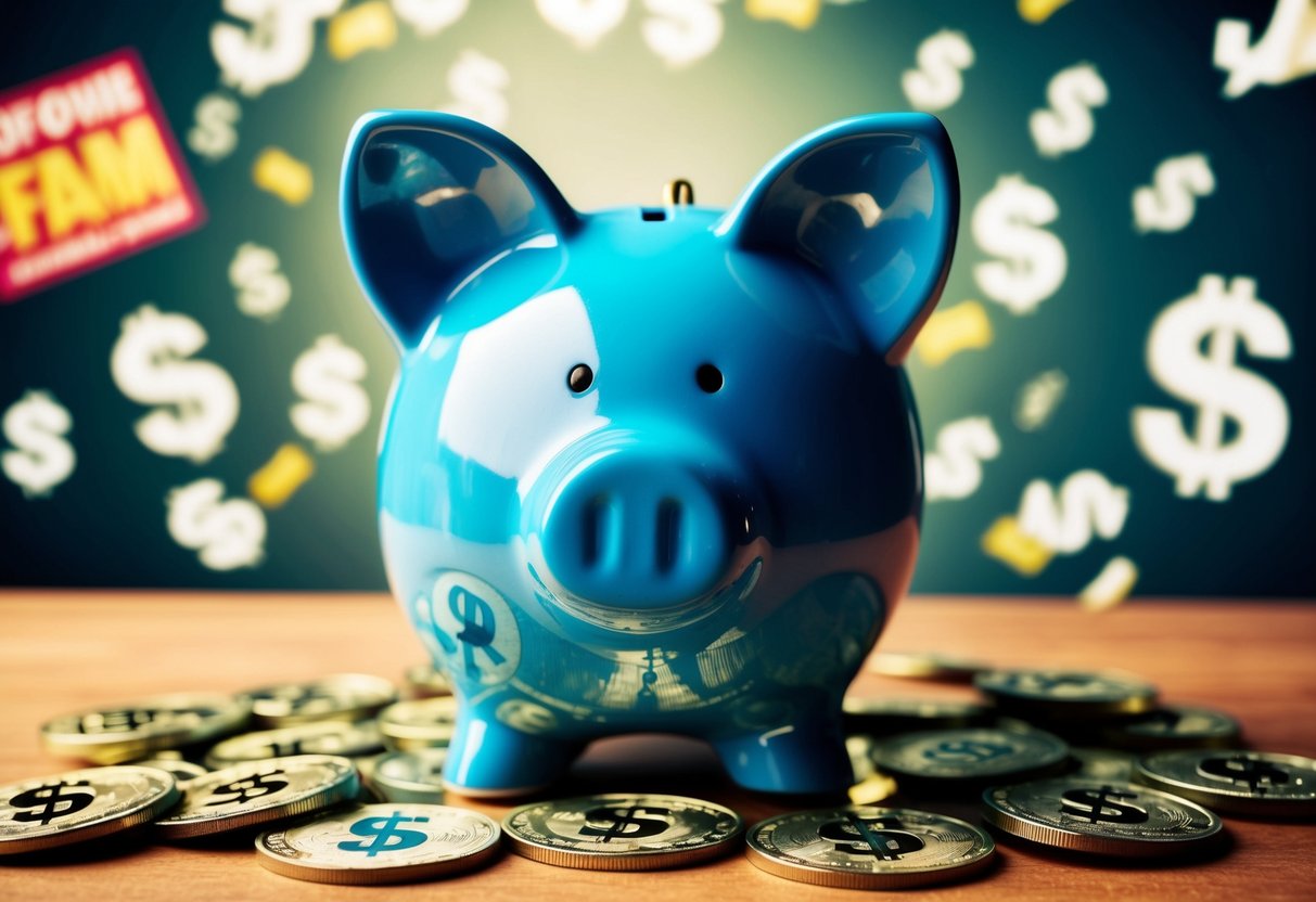 A piggy bank surrounded by dollar signs and promotional banners