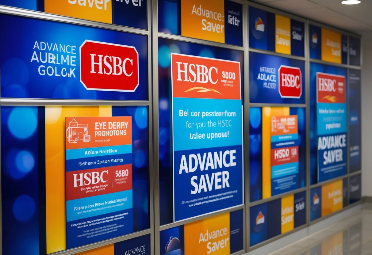 A vibrant display of HSBC Advance Saver promotions with eye-catching graphics and enticing offers