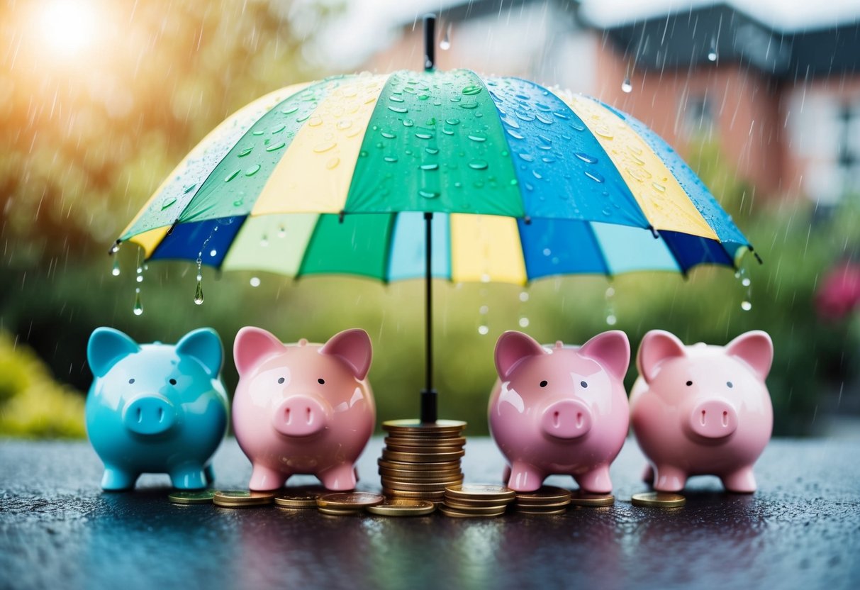A colorful umbrella with raindrops falling on it, surrounded by piggy banks and a stack of coins