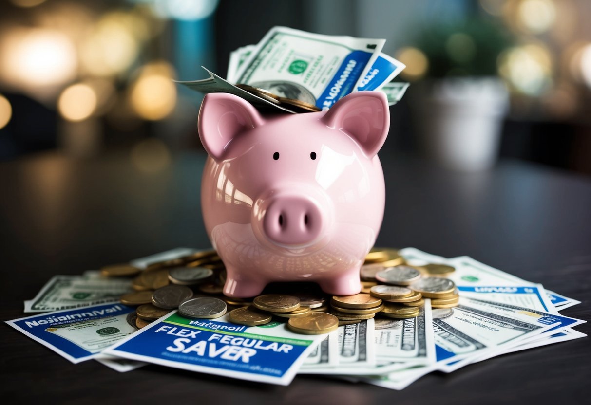 A piggy bank overflowing with coins and bills, surrounded by a pile of promotional flyers for Nationwide Flex Regular Saver savings account