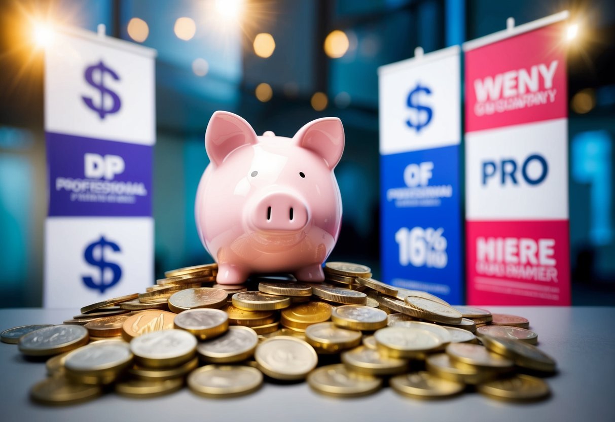 A piggy bank overflowing with coins, surrounded by dollar signs and promotional banners
