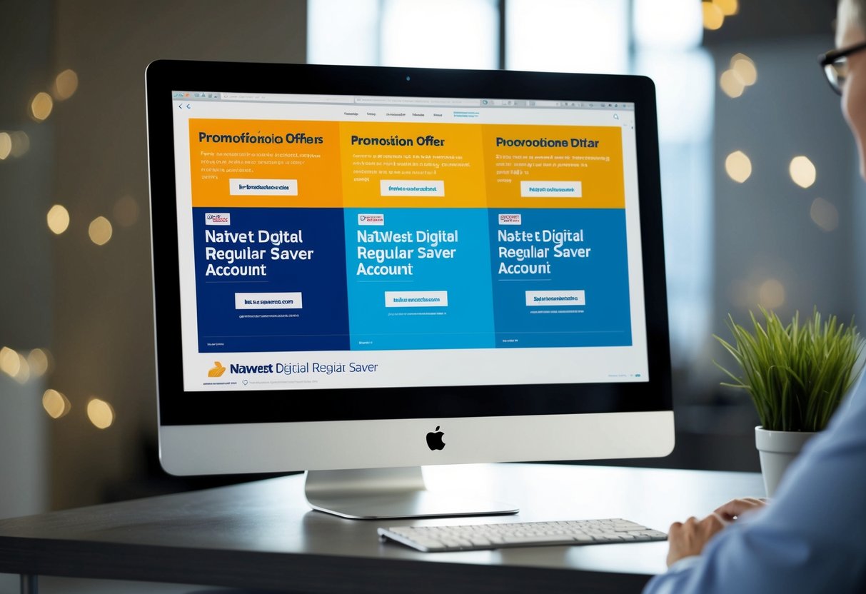 A computer screen displaying various promotional offers for NatWest Digital Regular Saver savings account