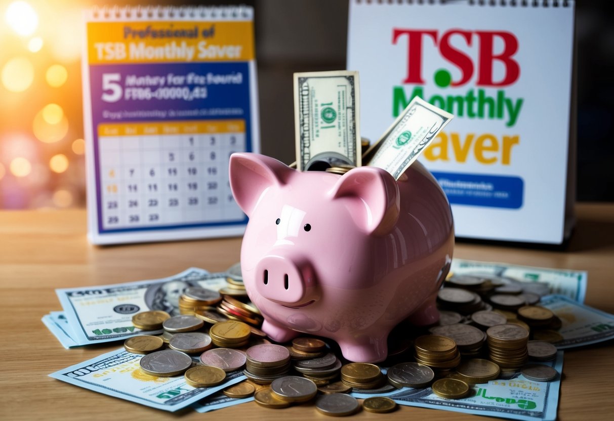 A piggy bank overflowing with coins and bills, surrounded by a calendar and promotional posters for TSB Monthly Saver
