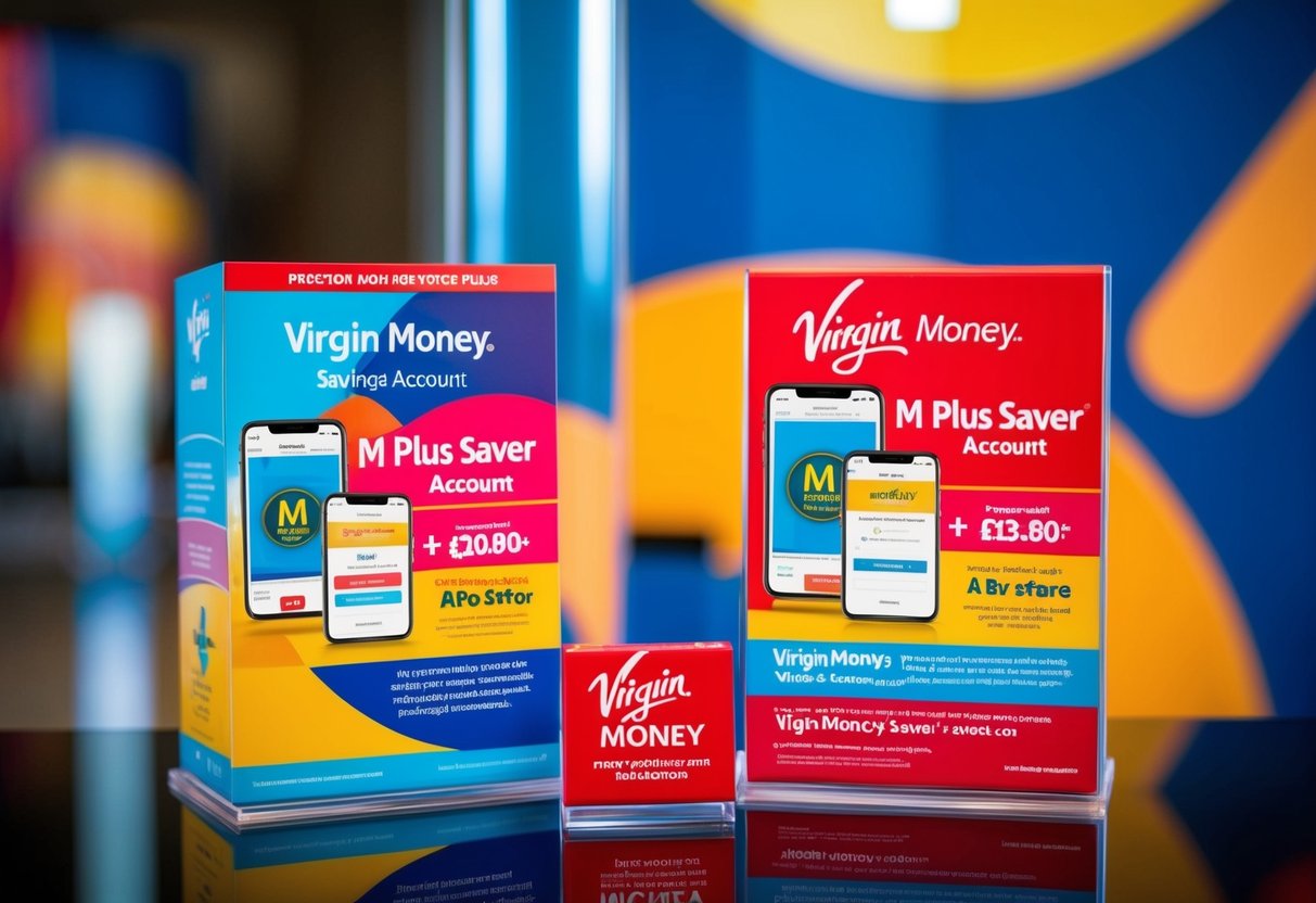 A vibrant display of promotional materials for Virgin Money M Plus Saver savings account, featuring eye-catching graphics and enticing offers