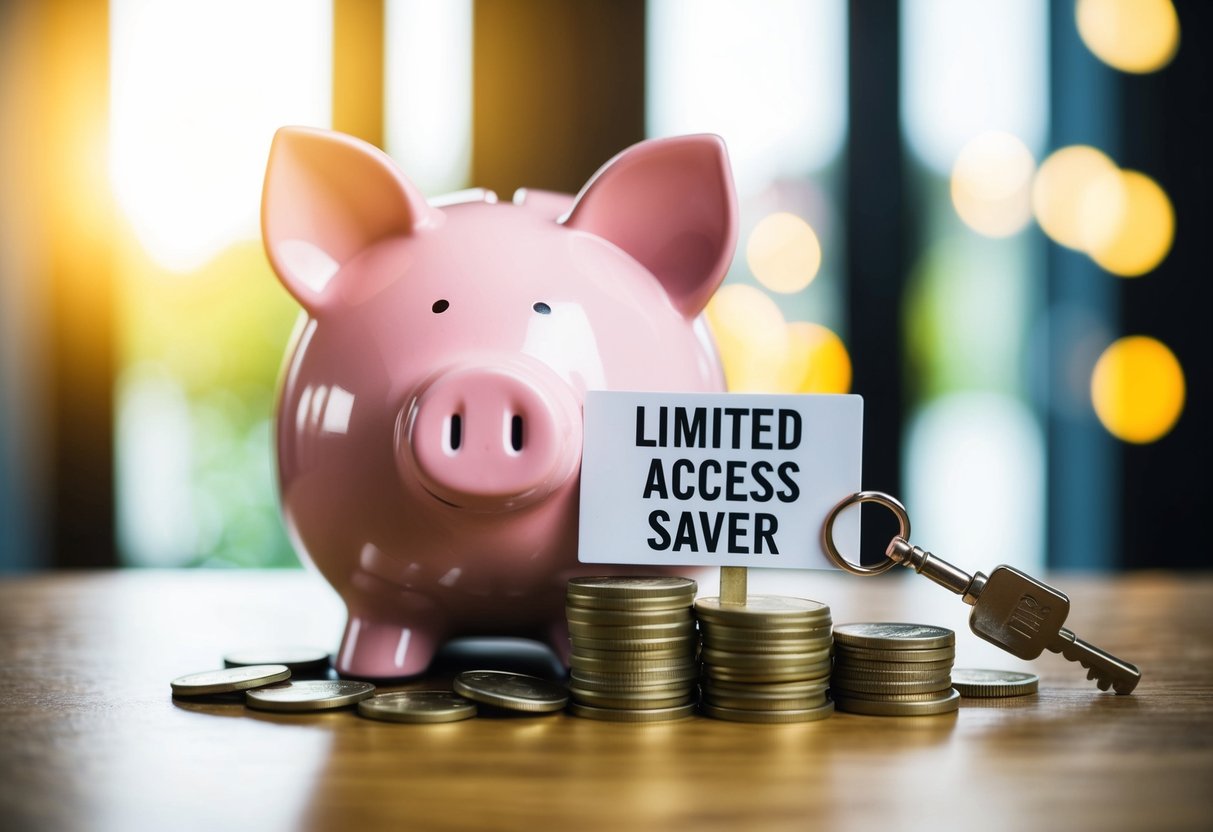 A piggy bank surrounded by a stack of coins and a key, with a sign displaying "Limited Access Saver" promotions