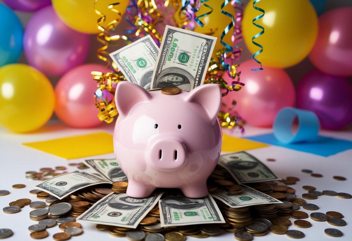 A piggy bank overflowing with coins and dollar bills, surrounded by a burst of colorful confetti and streamers