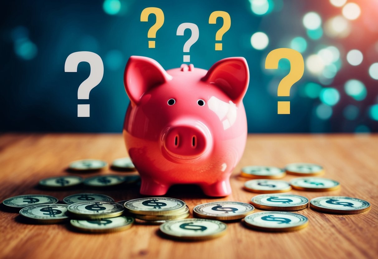 A piggy bank surrounded by question marks and dollar signs