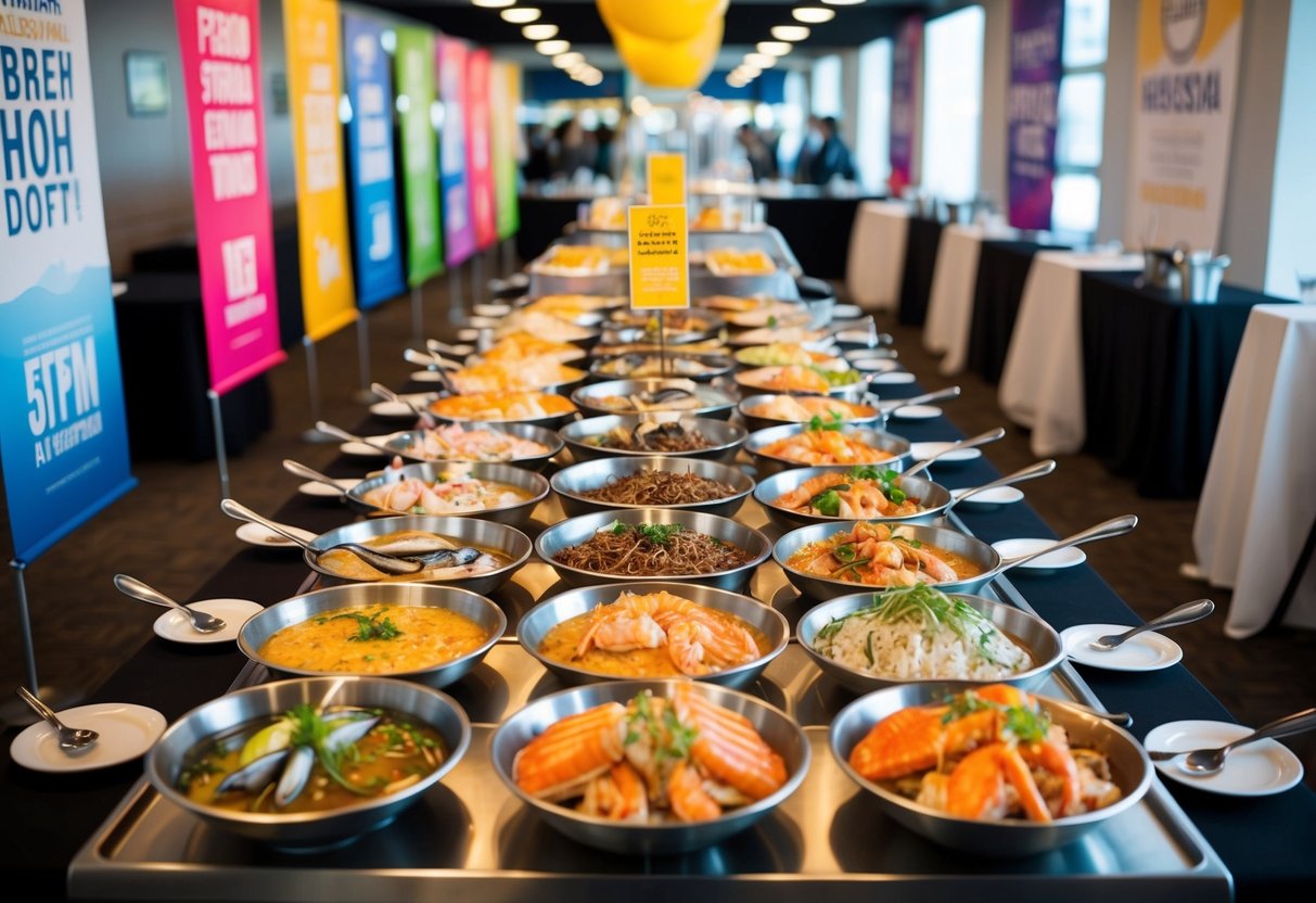 A variety of fresh seafood dishes displayed on a long buffet table, surrounded by colorful banners and promotional signs